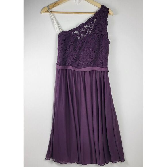 David's Bridal One shoulder Lace Burgundy Formal Bridesmaids Dress Size 4 New - Picture 1 of 10